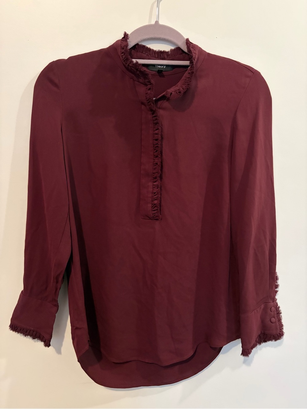 Theory burgundy ruffle-trim blouse 100% silk georgette - S
